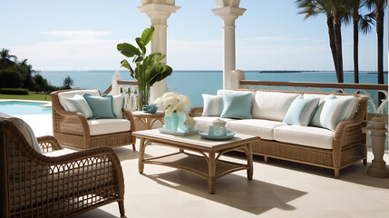 A coastal chic patio with a rattan sofa set, turquoise accents, and views of the ocean for a relaxing outdoor retreat. - obrazy, fototapety, plakaty
