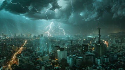Naklejka premium lightning thunderstorm hit in the city urban area