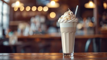 Selbstklebende Fototapeten White milkshake with white heavy cream in a straw-holding glass over a grainy cafe setting and space, Generative AI. © Our Scrapbook