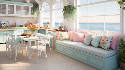 A coastal cottage kitchen with a breakfast nook sofa set, pastel colors, and beach-themed decor.