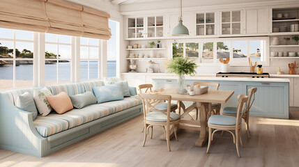 A coastal cottage kitchen with a breakfast nook sofa set, pastel colors, and beach-themed decor. - obrazy, fototapety, plakaty