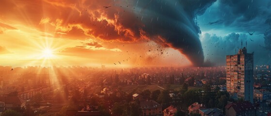 panoramic view of tornado, the natural disaster hit in the city - obrazy, fototapety, plakaty