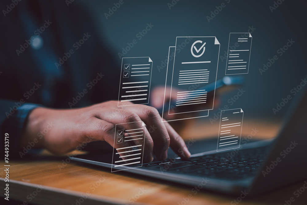 Poster business people working with computers and smartphones a symbol of top service iso certification doc