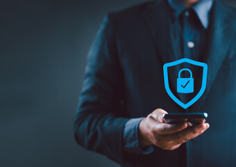 Cyber ​​security and data protection, businessman using smartphone internet network security, protect business and financial transaction data from cyber attack, user private data security encryption.