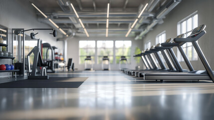 Indoors luxury gym, empty, just the machines, barbells, good illumination.