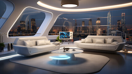 A futuristic lounge with a sectional sofa set featuring built-in technology, set in a smart home...