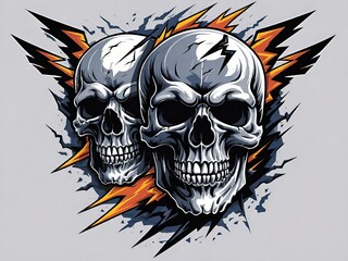 Illustration of two skull engulfed in flames. The skull, with its eyes ablaze, exudes a sense of power and intensity. This image, with its bold colors and dynamic composition. Generative AI.