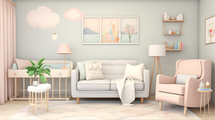 A gender-neutral nursery with a comfortable sofa set, soft pastel colors, and whimsical wall art for a welcoming and serene baby space.