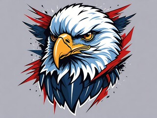 Cartoon illustration of an eagle head, showcasing detailed feathers and intense eyes, set against a grey background.