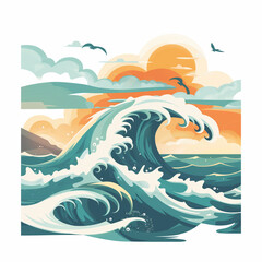 A summery beach scene with ocean waves, a bright blue sky, and fluffy clouds