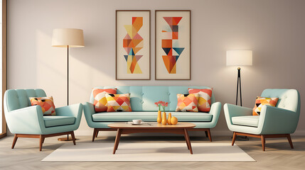 A mid-century modern sofa set in muted pastel shades, placed in a retro-themed lounge with vintage decor and geometric patterns.