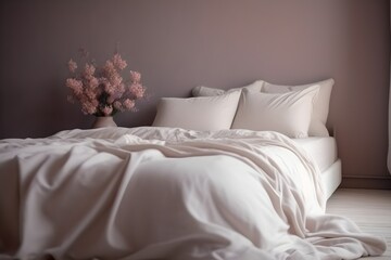 a close up shot of a mockup bed in white with a pastel mauve backdrop, a white pillow cover, a white bed sheet, and a white blanket