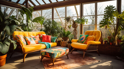 A mid-century modern sofa set in vibrant retro colors, placed in a sunlit conservatory with potted...
