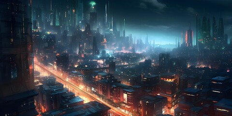 Fototapeta na wymiar Nightcore: A modern city skyline at night, with tall skyscrapers and dazzling lights creating a futuristic and dynamic atmosphere