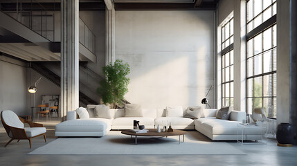 A minimalist white sofa set with clean lines, positioned in a contemporary loft space with industrial elements and open-concept design.