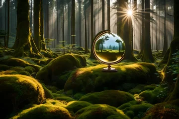 Fotobehang A globe set amidst vibrant green moss in a secluded forest, the interplay of light and shadow painting a surreal and captivating environmental concept © Mehram