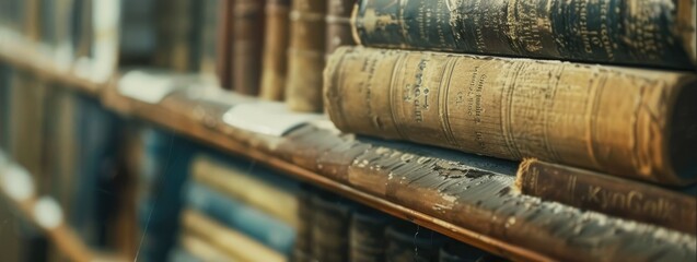 Antique old books on wooden shelf. Vintage literature. AI Generated
