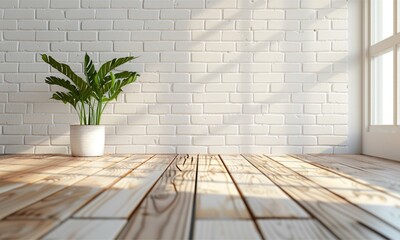 white wood table with blurred white brick wall in minimal room background. Sunlight shadow window. Product display montage. Product display montage. 
