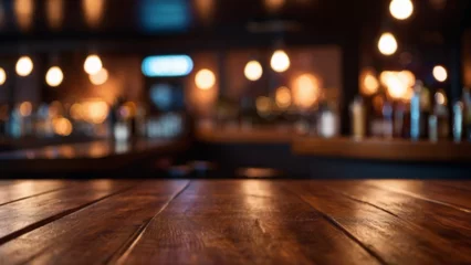 Foto op Plexiglas Empty round wood table with cafe restaurant blur background. © thanh