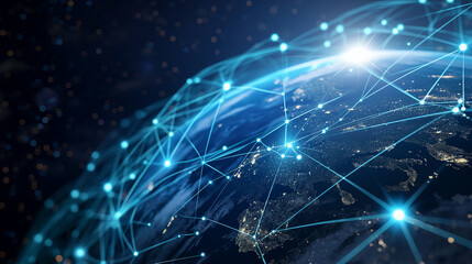 Digital composite image of the Earth at night with illuminated network connections representing global communication.