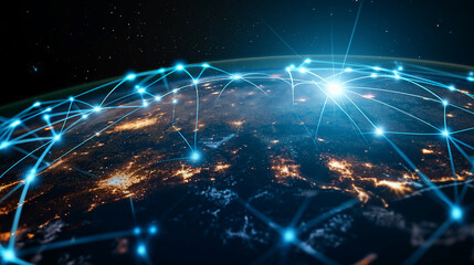 Digital composite image of the Earth at night with illuminated network connections representing global communication.
