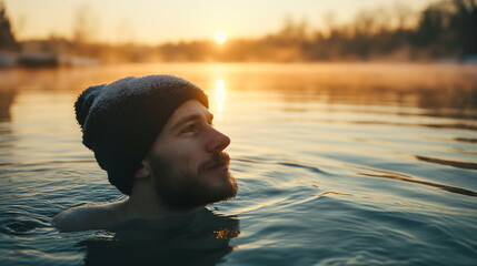 Young boy swimming in an outdoor pool with a snowy landscape during a beautiful winter sunset.