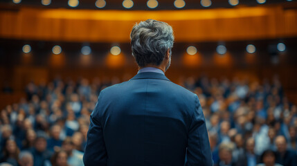 Back view of a speaker at a podium facing a large audience in a conference hall with dramatic lighting and atmosphere.