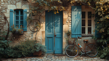 A French house with a blue door and a bicycle leaning against the wall.