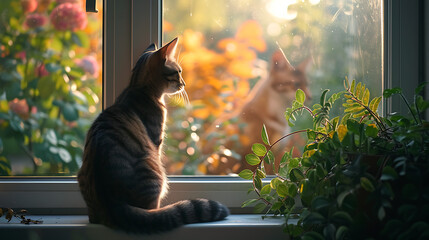 Um gato observando pássaros da janela enquanto uma raposa o observa em uma cena de tranquilidade e convivência pacífica - obrazy, fototapety, plakaty