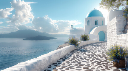 A Greek house with a white wall and a blue dome in the island. - obrazy, fototapety, plakaty