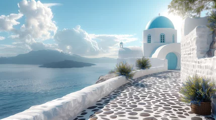 Foto op Plexiglas A Greek house with a white wall and a blue dome in the island. © AI ARTISTRY