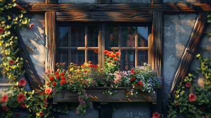 Fototapeta na wymiar A German house with a half-timbered frame and a flower box in the window.