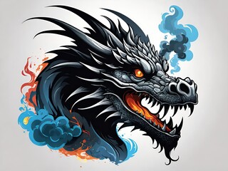 Illustration of a dragon head featuring contrasting elements of fire and smoke. Generative AI.
