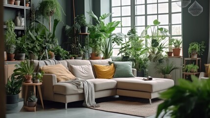 Fototapeta na wymiar Grey armchair, indoor plants, monstera, palm trees. Urban jungle apartment. Biophilia design. Cozy tropical home garden. Home gardening.