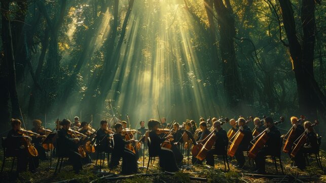 Classical Symphony Orchestra Playing Live in the Forest