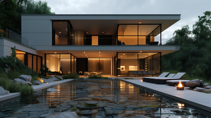 A modern villa with a glass facade and a swimming pool in the backyard.