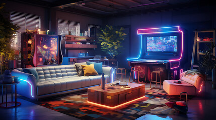 A retro arcade room with a sectional sofa set, classic arcade games, and neon signage for a...