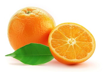 Isolated orange fruit cut in half with leaves, set against a white backdrop