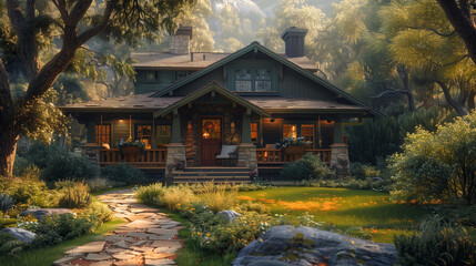 A craftsman house with a stone foundation and a porch swing in the front yard.