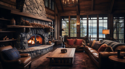 A rustic cabin living room featuring a cozy plaid sofa set, a stone fireplace, and warm wood accents for a mountain retreat vibe. - obrazy, fototapety, plakaty