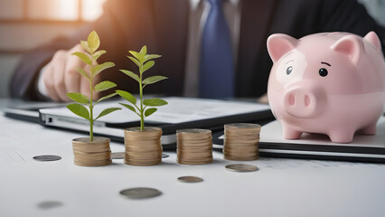 piggy bank and business laptop and work Generative AI