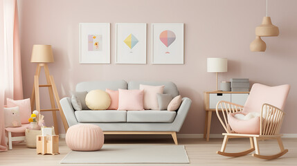 A Scandinavian-inspired nursery with a comfortable sofa set, pastel colors, and Nordic-style...