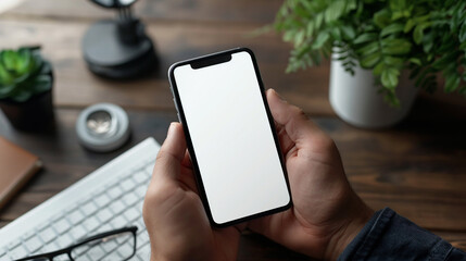 Close-up of a professional's hand holding a smartphone with a blank screen, with a laptop, coffee cup, and eyeglasses in the background on a desk.