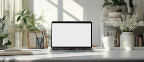 A neatly organized home office desk with a modern laptop, a cup of coffee, and decorative plants, embodying a minimalist aesthetic.