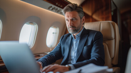 Mature businessman focused on his laptop while flying in the luxurious cabin of a private jet, representing elite business travel.