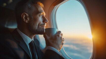 A contemplative businessman savoring a warm cup of coffee while witnessing a stunning sunrise from the window of a private jet. - obrazy, fototapety, plakaty