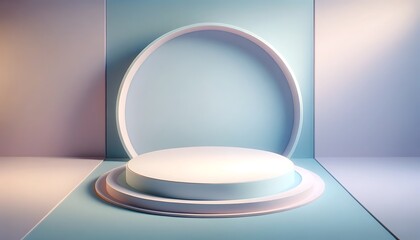 pastel blue and lavender 3d studio environment with a rounded podium. 3d stage for product display. an abstract platform for product presentation. podium for advertisement. tech products mockup.