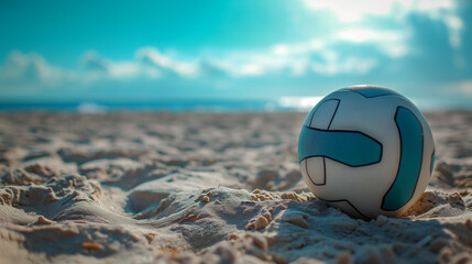 Close-up of a yellow volleyball on the sandy shore with the ocean and blue sky in the background.