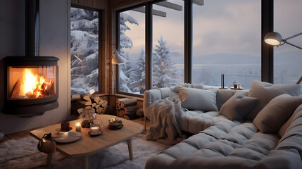 A Scandinavian winter cabin with a cozy sofa set, fur throws, and a fireplace surrounded by snowy...