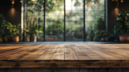 Wooden surface with a defocused background of a restaurant setting, showcasing an inviting ambiance.